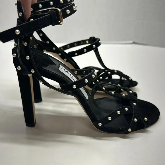 Jimmy Choo Beverly Caged High Heels Faux Pearl Studded Suede Black Size 37 7 - Picture 5 of 12